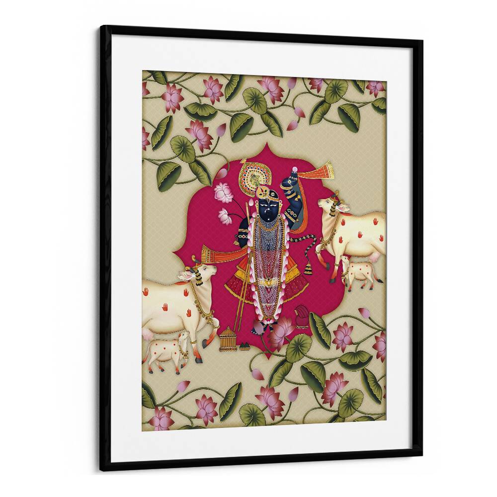 Divine Devotion Shrinathji's Radiance Indian art painting Artwork in Black Frame With Mount