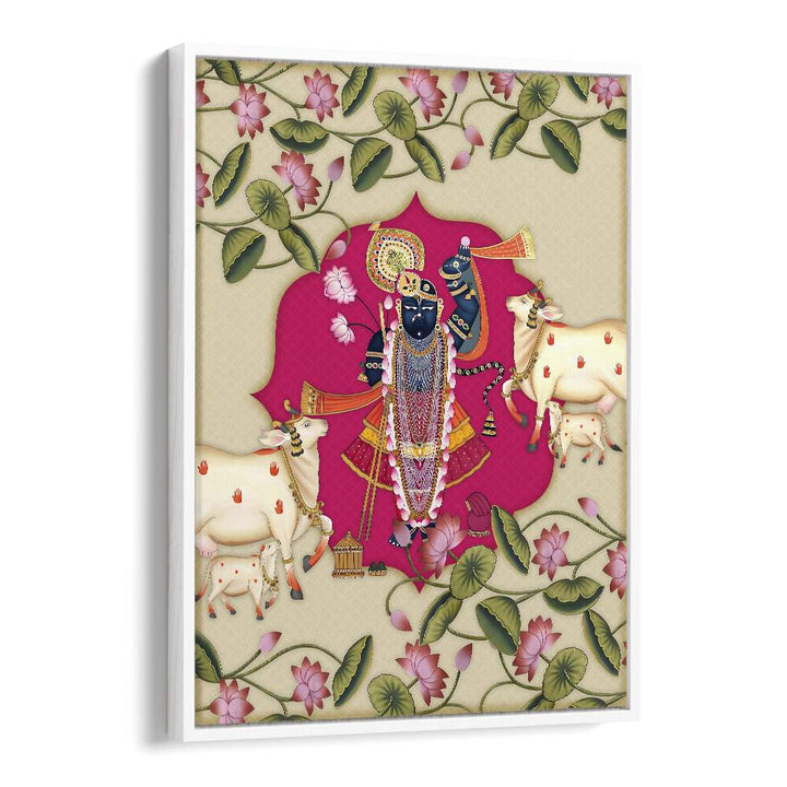 Divine Devotion Shrinathji's Radiance Indian art painting Artwork in White Floater Frame