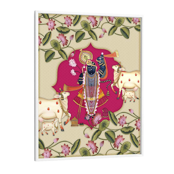 Divine Devotion Shrinathji's Radiance Indian art painting Artwork in White Plain Frame