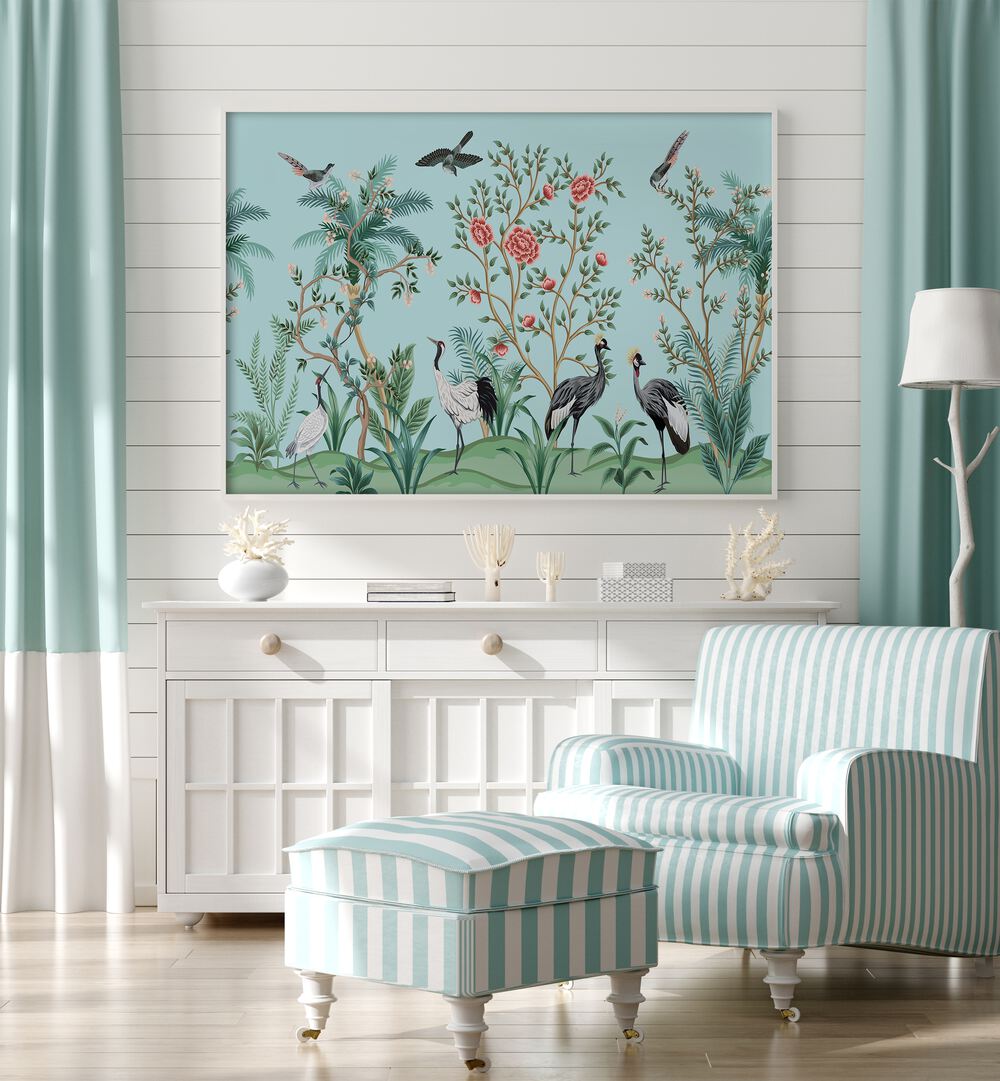 Divine Garden Peacocks Amidst Blooms I Indian Art Painting Artwork in White Plain Frame placed on a White Stripe textured Wall in the Drawing Room