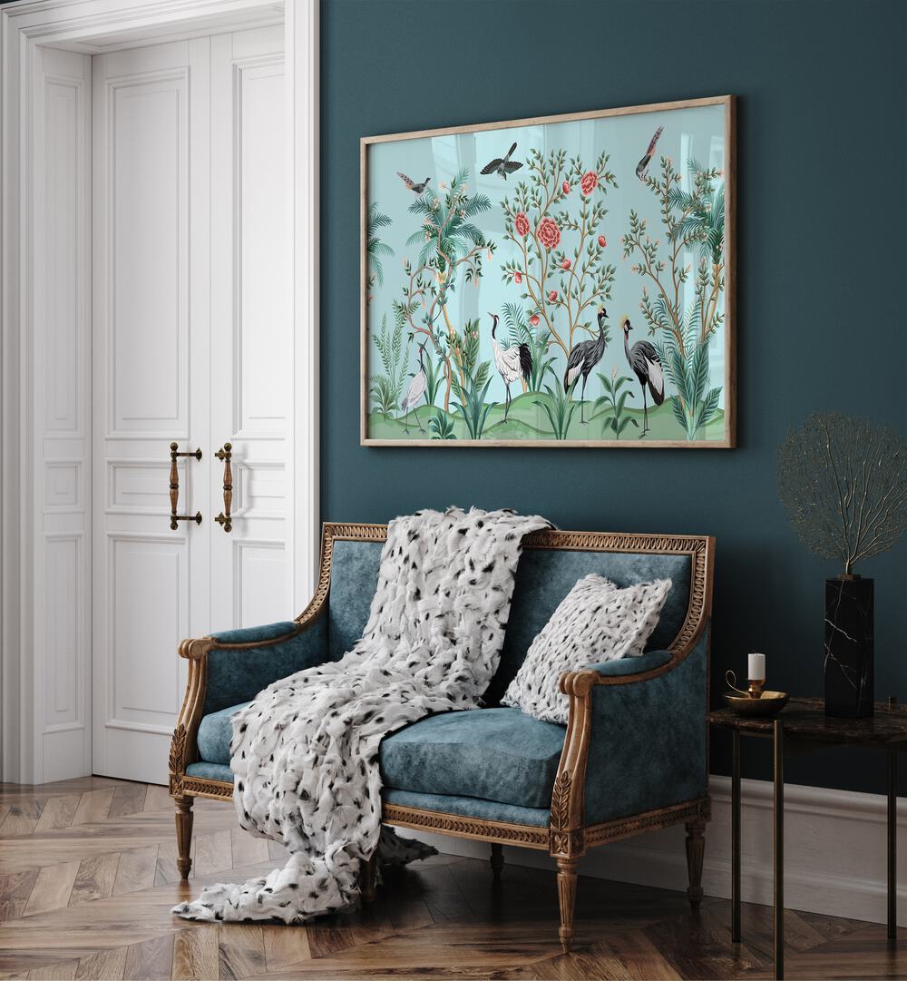 Divine Garden Peacocks Amidst Blooms I Indian Art Painting Artwork in Oak Wood Plain Frame placed on a Blue Wall behind a Sofa Chair in the Drawing Room