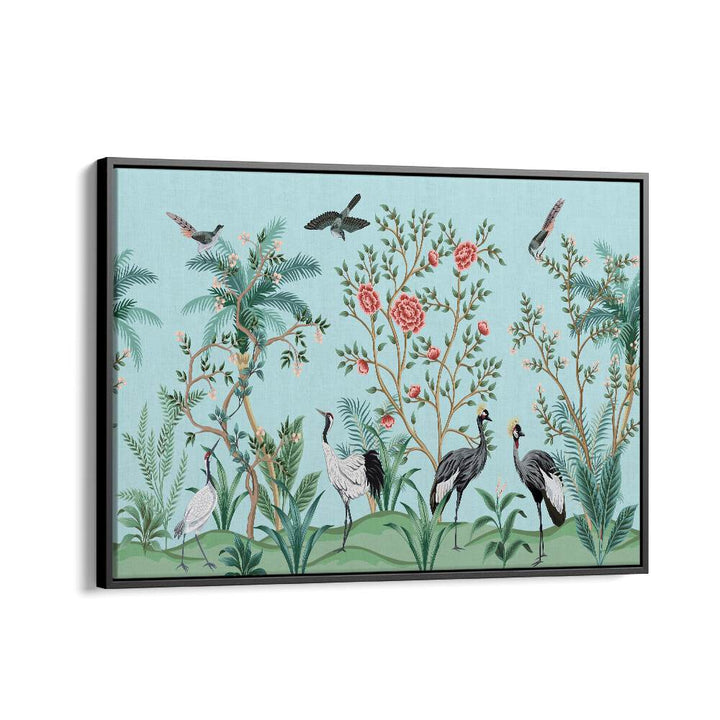 Divine Garden Peacocks Amidst Blooms I Indian art painting Artwork in Black Floater Frame