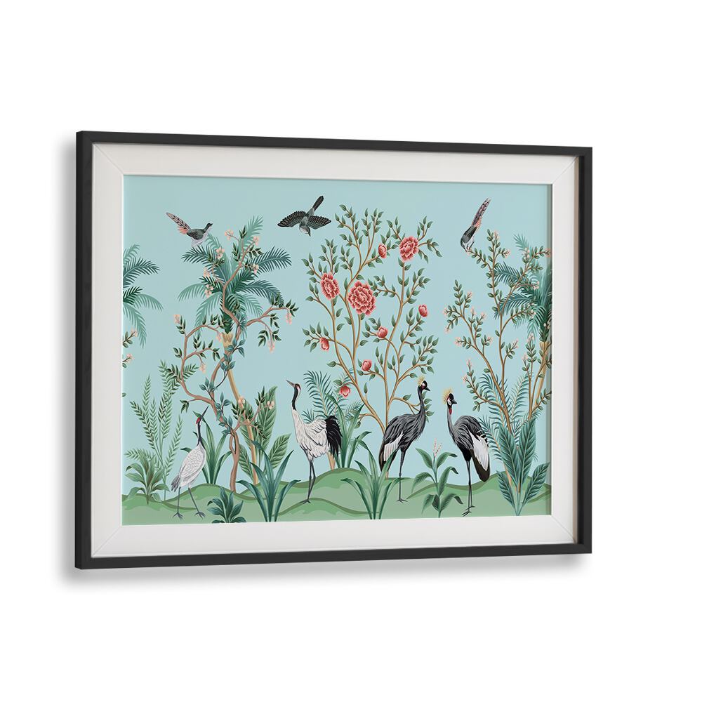 Divine Garden Peacocks Amidst Blooms I Indian Art Painting Artwork in Black Frame With Mount