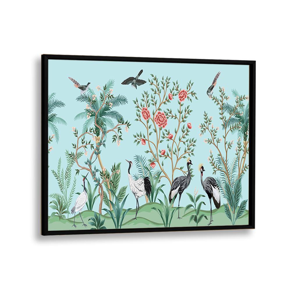 Divine Garden Peacocks Amidst Blooms I Indian art painting Artwork in Black Plain Frame