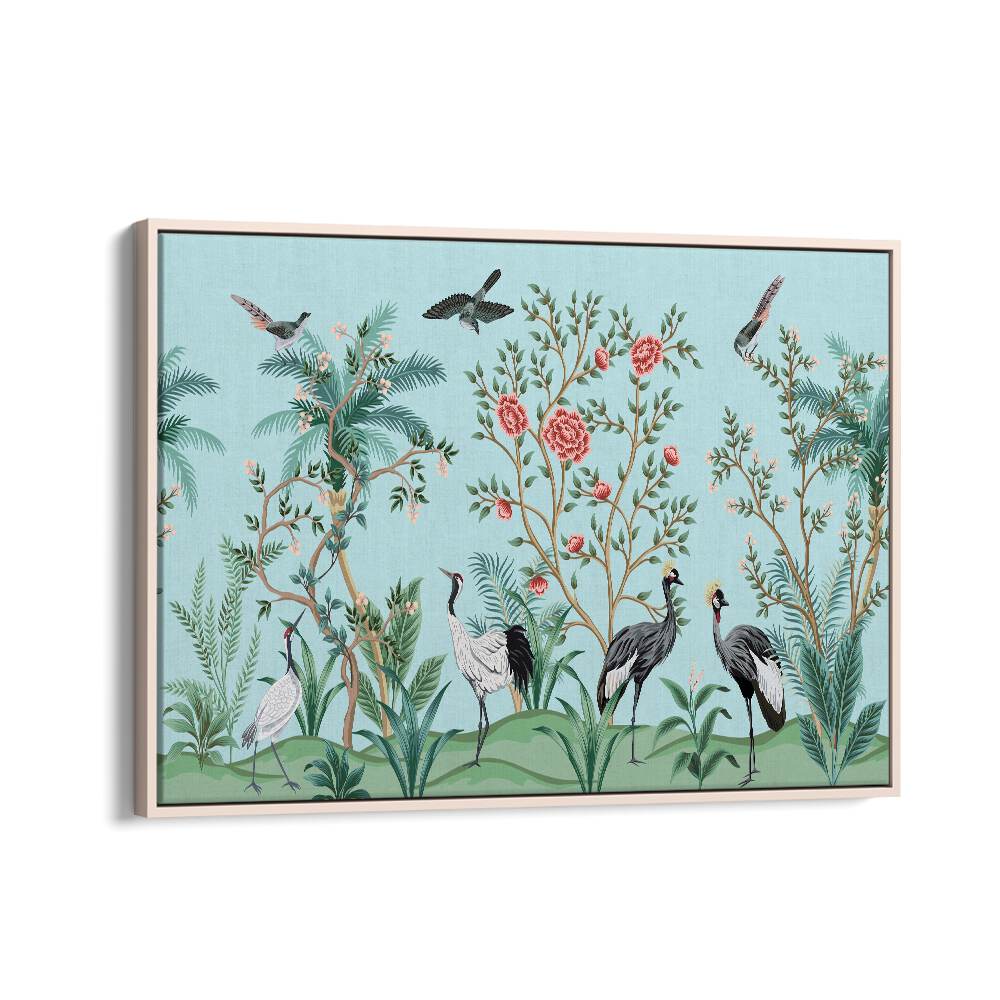 Divine Garden Peacocks Amidst Blooms I Indian art painting Artwork in Oak Wood Floater Frame