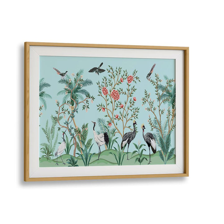 Divine Garden Peacocks Amidst Blooms I Indian Art Painting Artwork in Oak Wood Frame With Mount