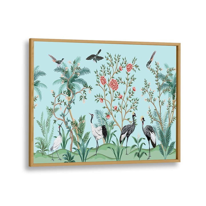 Divine Garden Peacocks Amidst Blooms I Indian art painting Artwork in Oak Wood Plain Frame