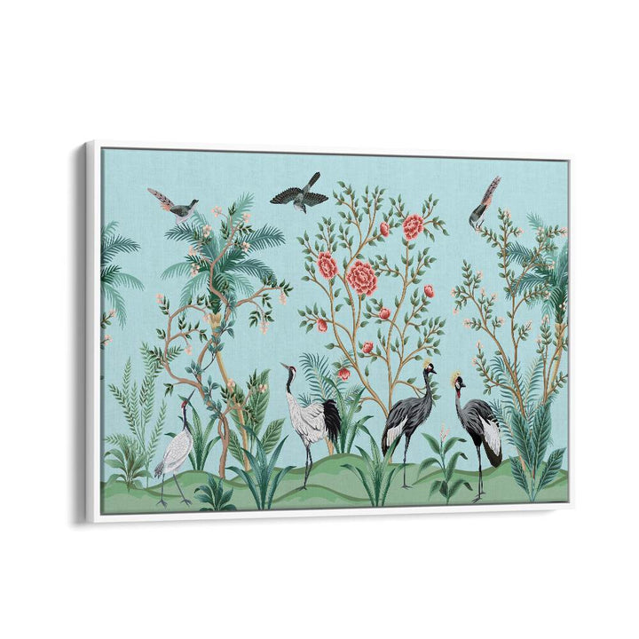 Divine Garden Peacocks Amidst Blooms I Indian art painting Artwork in White Floater Frame