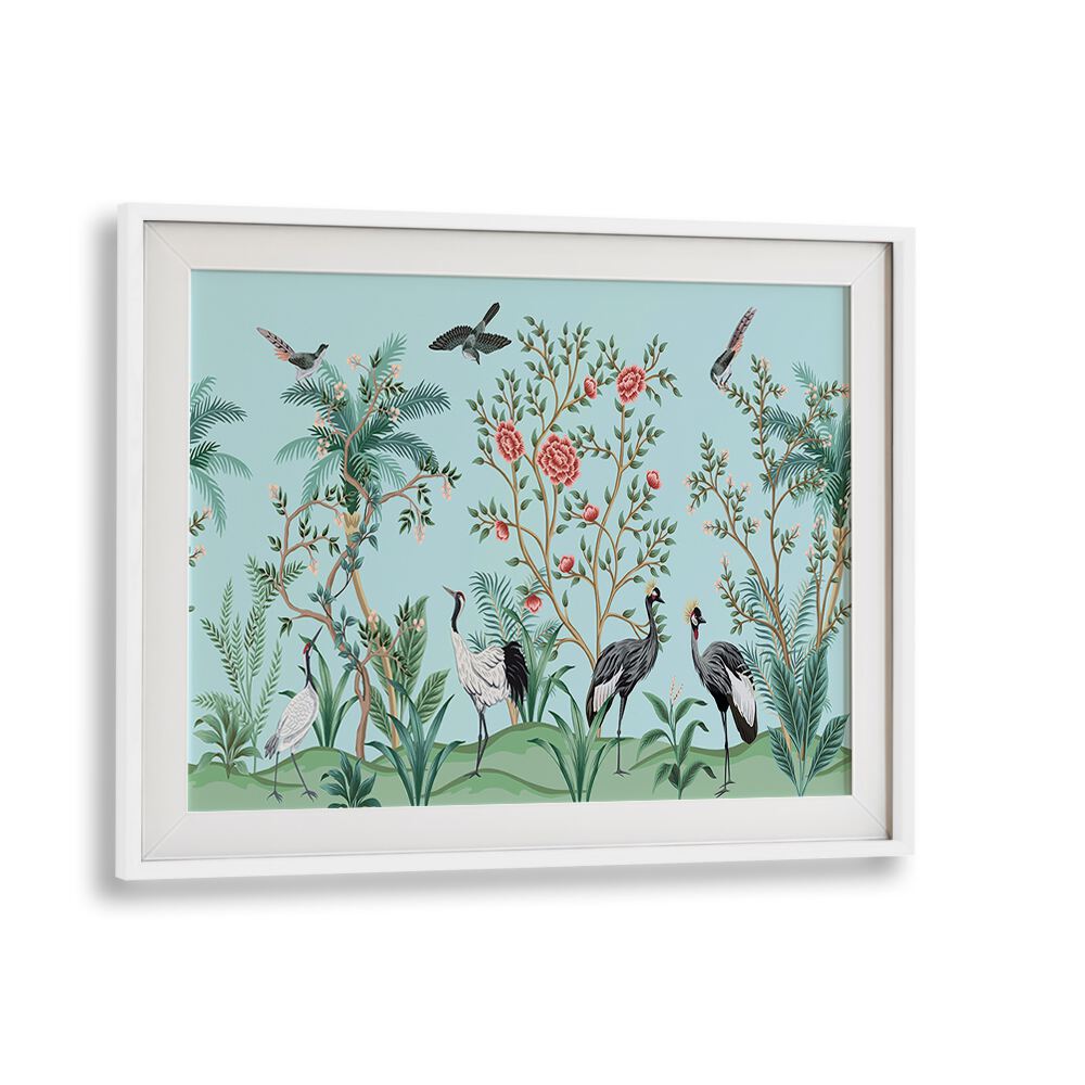 Divine Garden Peacocks Amidst Blooms I Indian Art Painting Artwork in White Frame With Mount