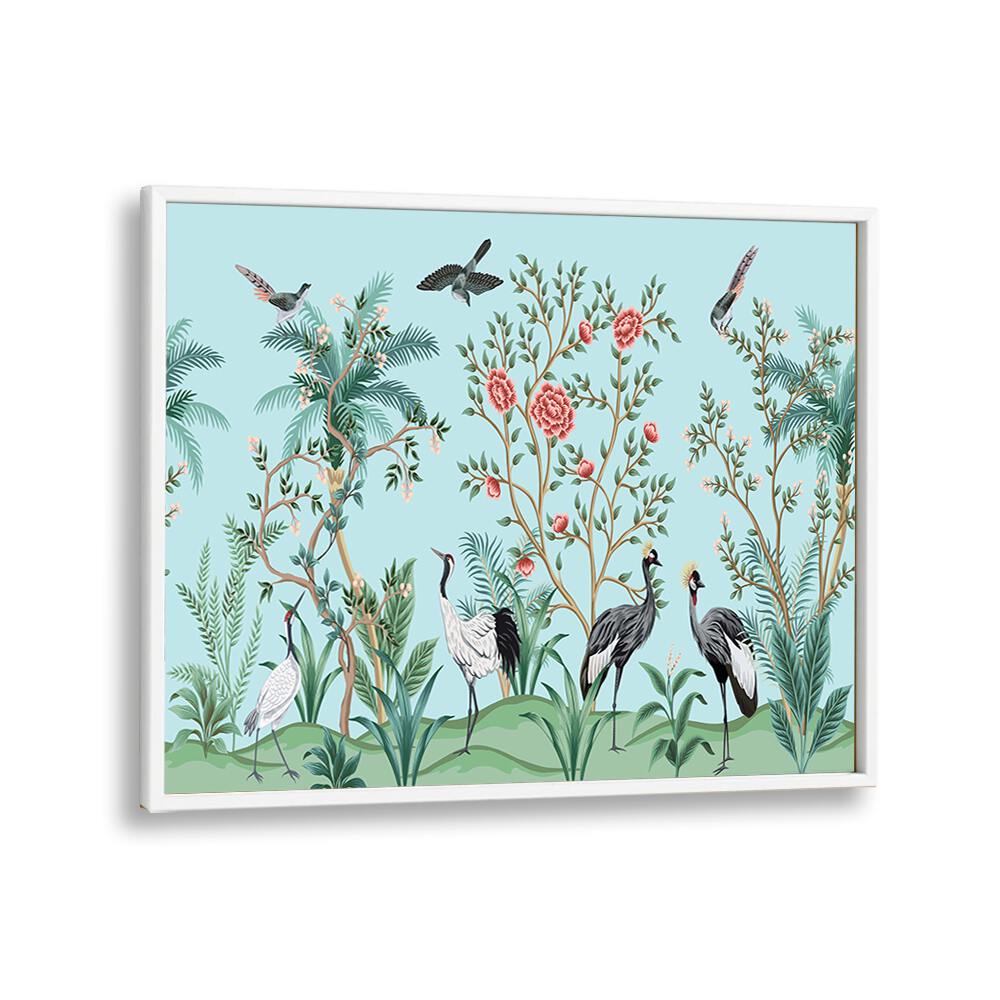 Divine Garden Peacocks Amidst Blooms I Indian art painting Artwork in White Plain Frame