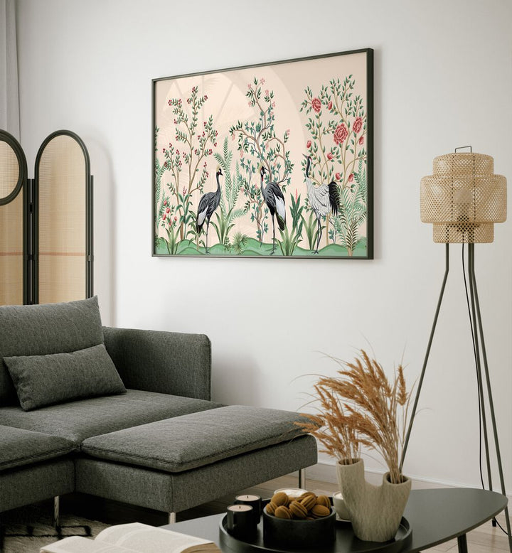 Divine Garden Peacocks Amidst Blooms II Indian Art Painting Artwork in Black Plain Frame placed on a Cream Colored Wall near a Grey Sofa in the Living Room