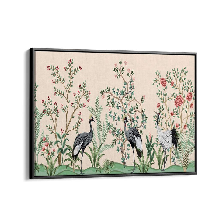 Divine Garden Peacocks Amidst Blooms II Indian art painting Artwork in Black Floater Frame