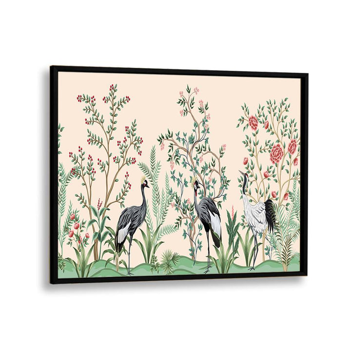 Divine Garden Peacocks Amidst Blooms II Indian art painting Artwork in Black Plain Frame