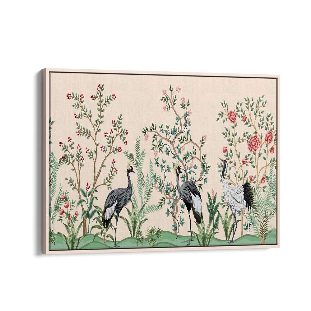 Divine Garden Peacocks Amidst Blooms II Indian art painting Artwork in Oak Wood Floater Frame