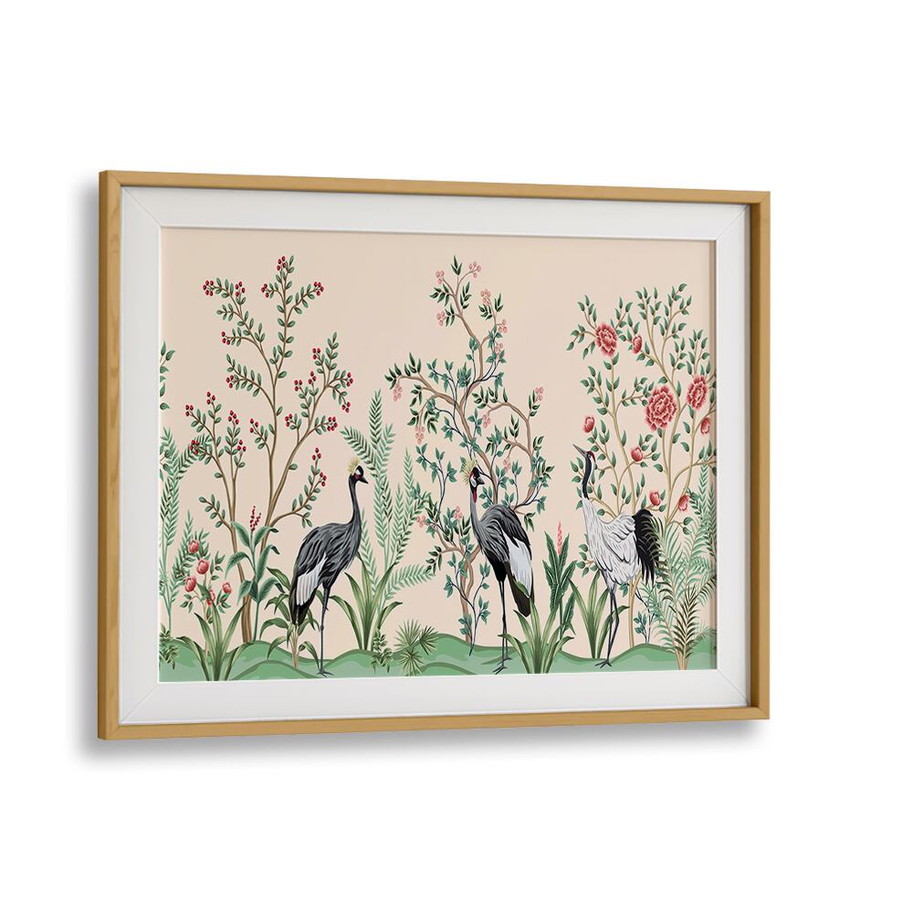 Divine Garden Peacocks Amidst Blooms II Indian Art Painting Artwork in Oak Wood Frame With Mount