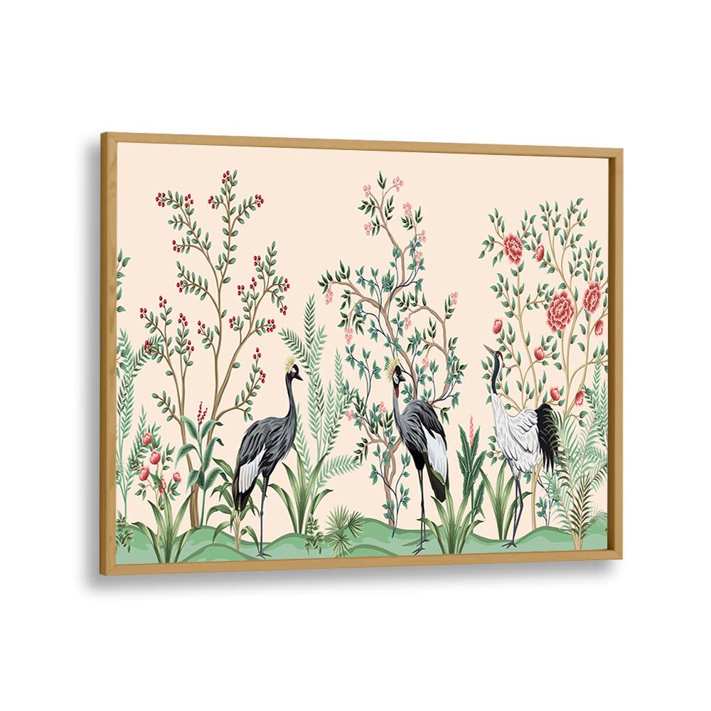 Divine Garden Peacocks Amidst Blooms II Indian art painting Artwork in Oak Wood Plain Frame