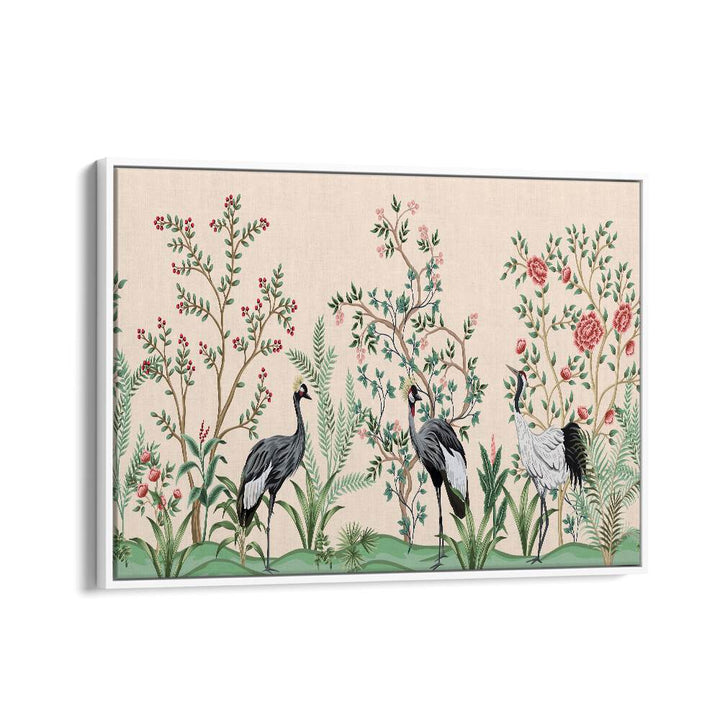 Divine Garden Peacocks Amidst Blooms II Indian art painting Artwork in White Floater Frame