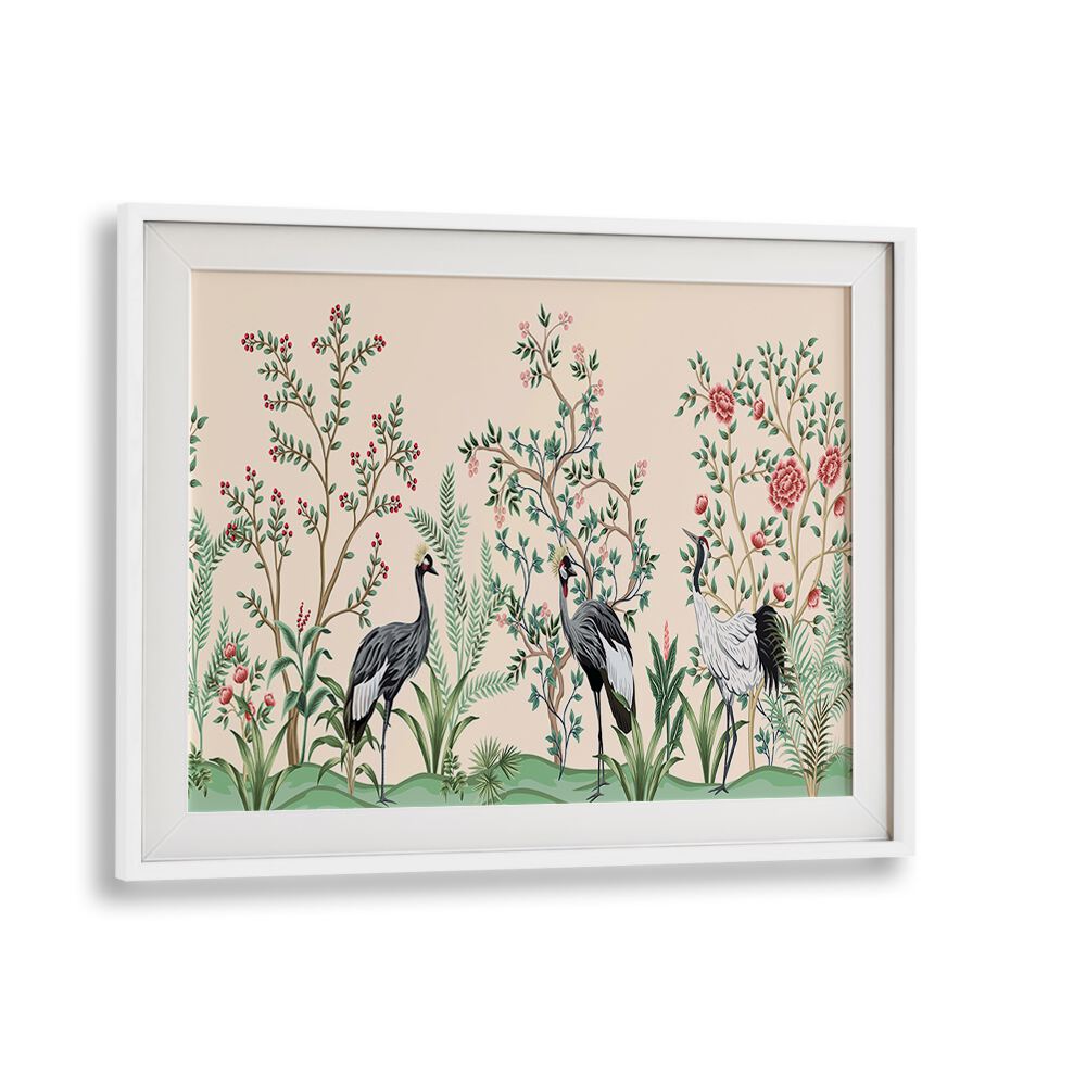 Divine Garden Peacocks Amidst Blooms II Indian Art Painting Artwork in White Frame With Mount