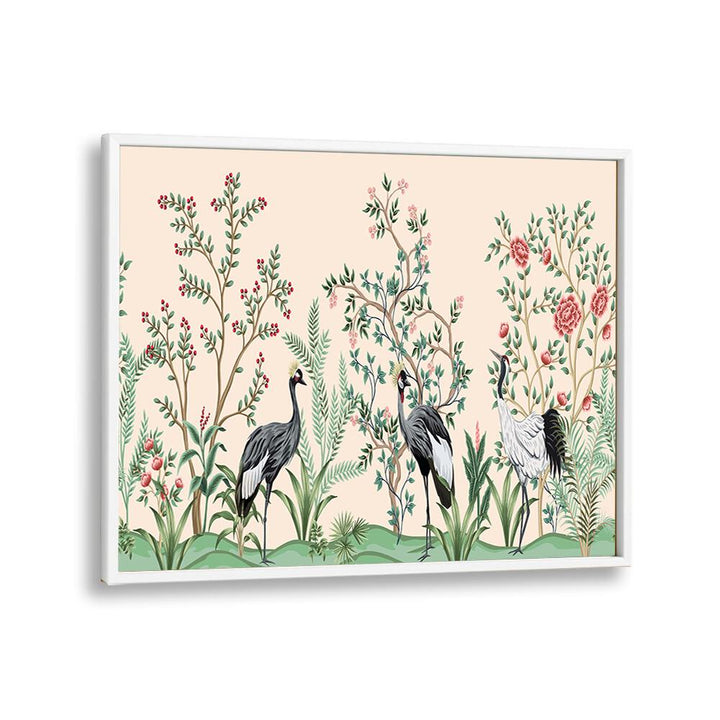 Divine Garden Peacocks Amidst Blooms II Indian art painting Artwork in White Plain Frame