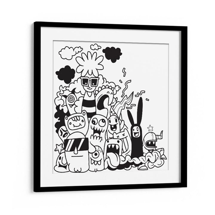 Dizzy Doodlescape B&w Doodle Art Artwork in Black Frame With Mount