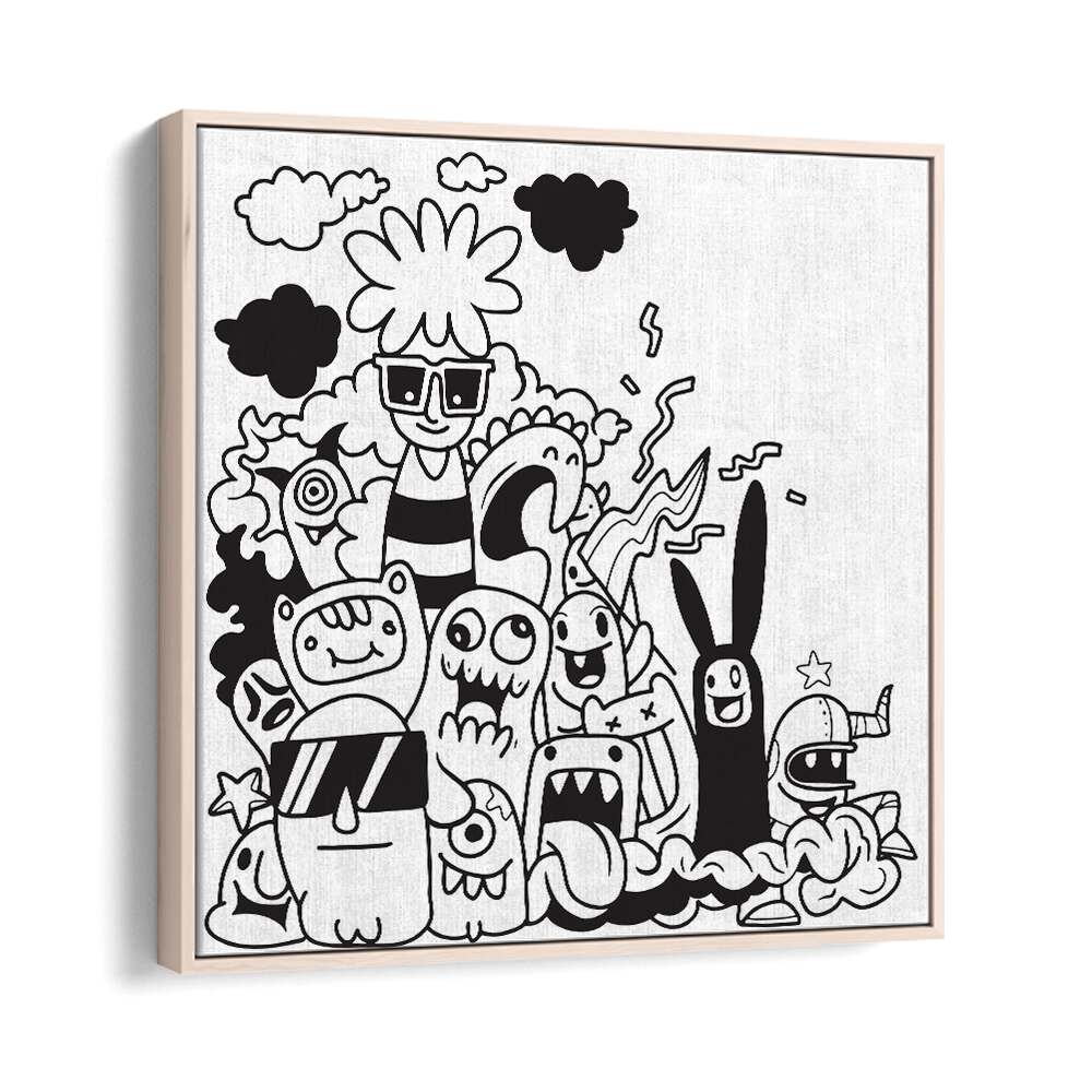 Dizzy Doodlescape B&w Doodle Art Artwork in Oak Wood Floater Frame