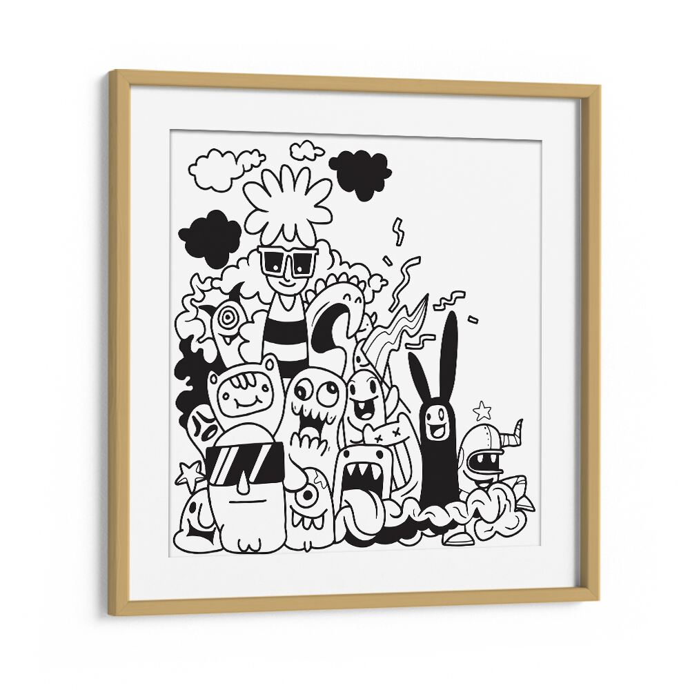 Dizzy Doodlescape B&w Doodle Art Artwork in Oak Wood Frame With Mount