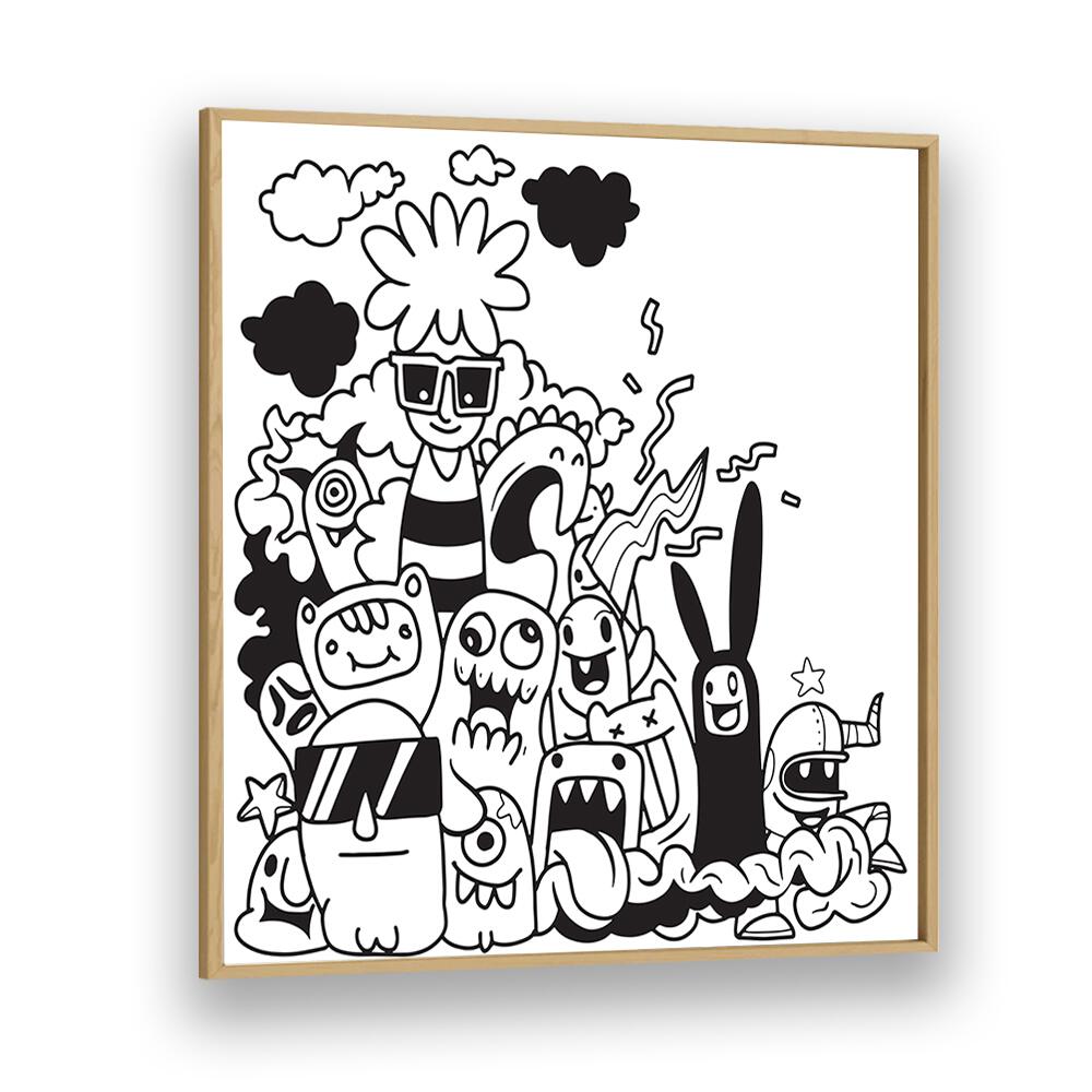 Dizzy Doodlescape B&w Doodle Art Artwork in Oak Wood Plain Frame