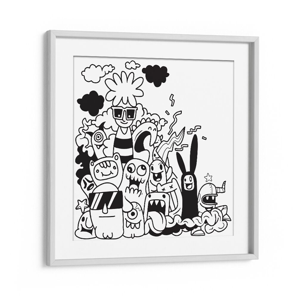 Dizzy Doodlescape B&w Doodle Art Artwork in White Frame With Mount