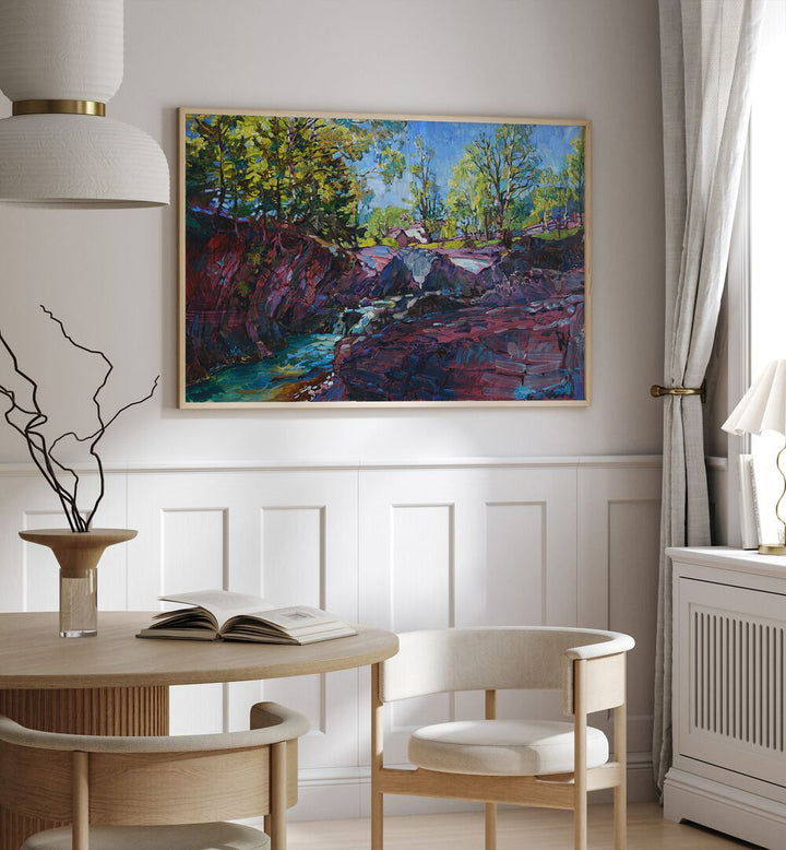 Vibrant D MOUNTAIN RIVER, LANDSCAPE PAINTINGS showcase nature's beauty, perfect for adventurers' home decor.