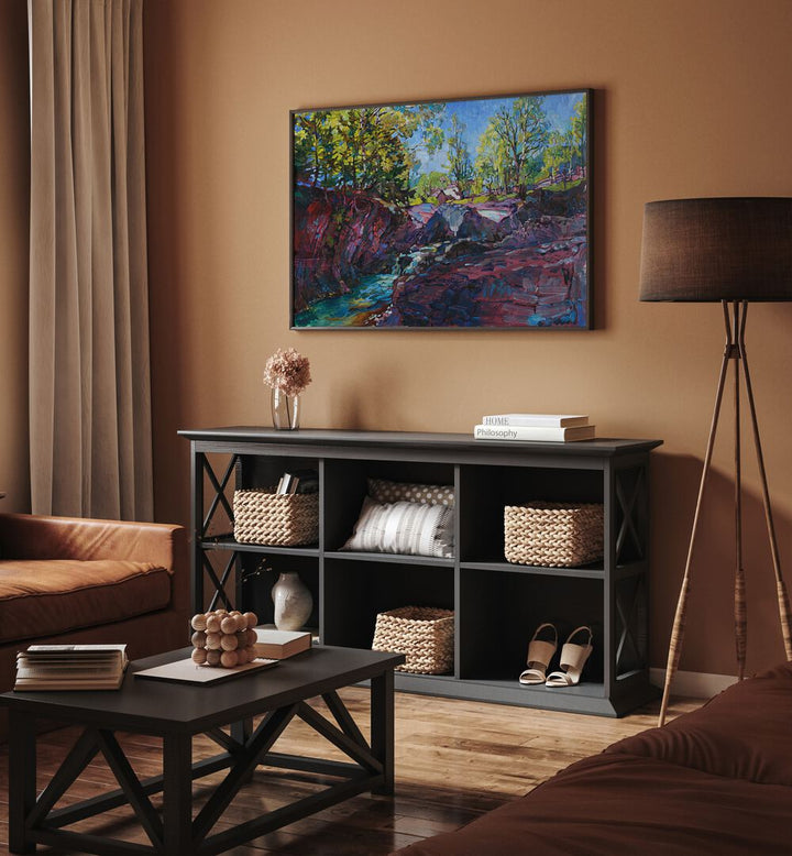 Vibrant D MOUNTAIN RIVER, LANDSCAPE PAINTINGS adding natural beauty to modern home decor in a cozy living space.
