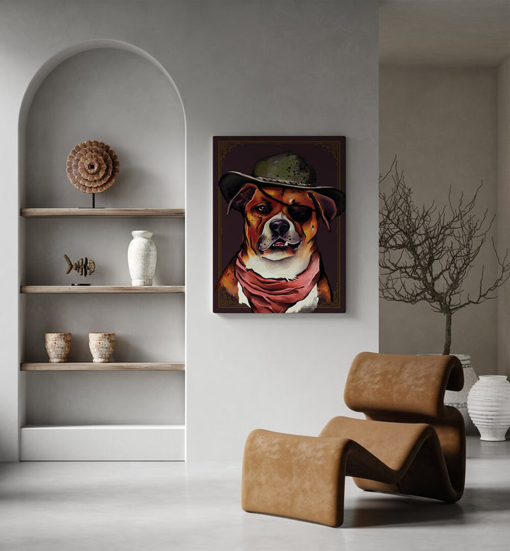 Stylish dog portrait in a hat, perfect for home decor. Explore our DOG, ANIMAL PAINTINGS collection today!