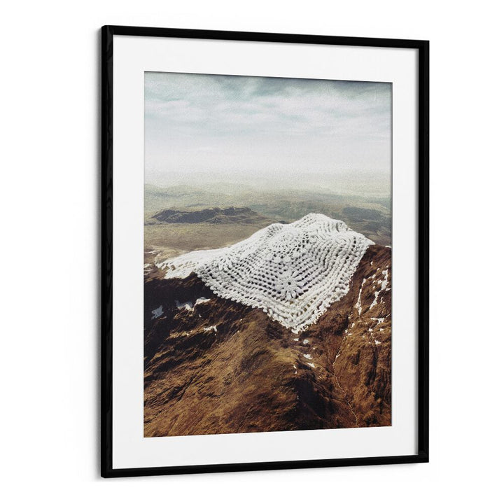 Doily Peaks - Snow Crochet Surreal Painting  Artwork in Black Frame With Mount