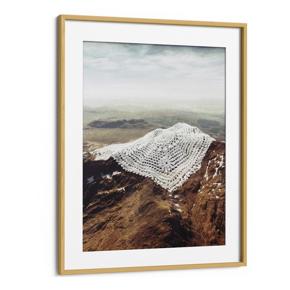 Doily Peaks - Snow Crochet  Surreal Painting  Artwork in Oak Wood Frame With Mount
