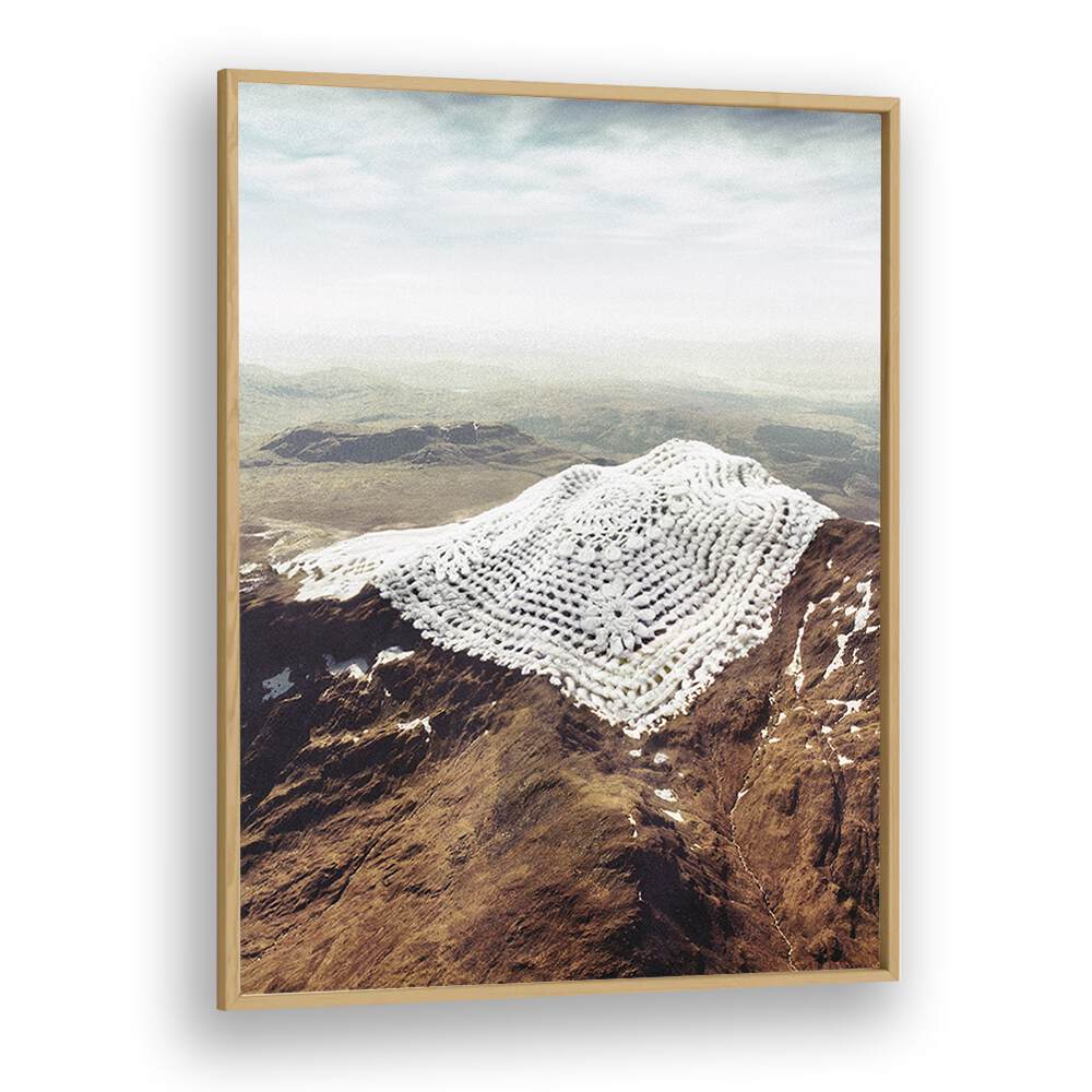 Doily Peaks - Snow Crochet  Surreal Painting Artwork in Oak Wood Plain Frame