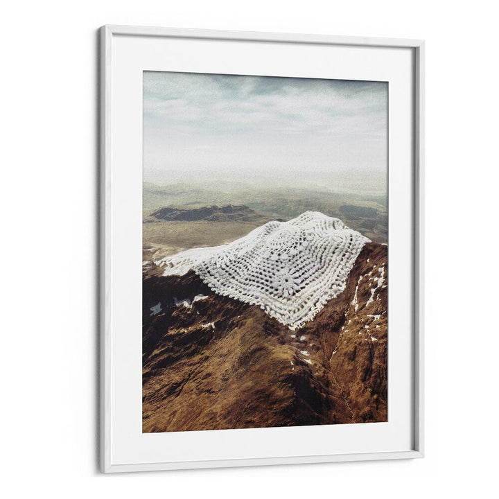 Doily Peaks - Snow Crochet  Surreal Painting Artwork  in White frame With Mount