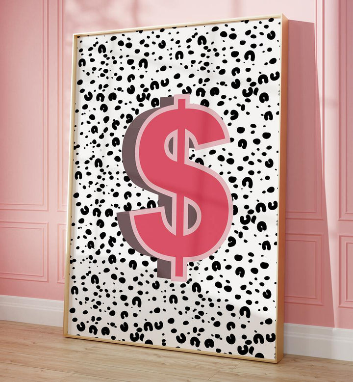 Dollar By Martina Money Art Artwork in Oak Wood Plain Frame on a Wooden Floor Next to a Pink Wall