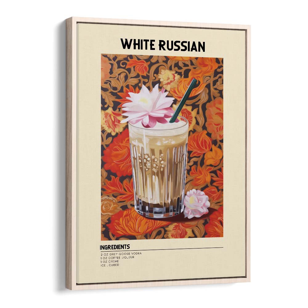 Dominant White Russian Bar & Cafe Artwork in Oak Wood Floater Frame