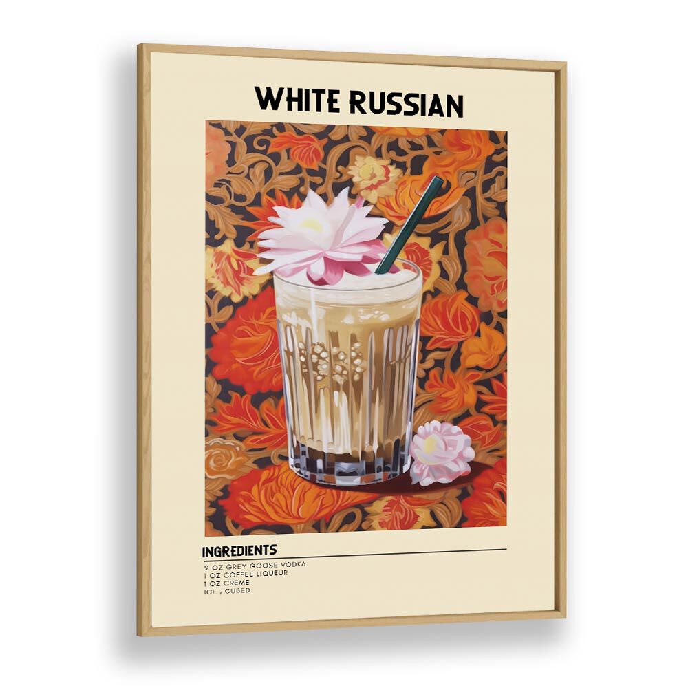 Dominant White Russian Bar & Cafe Artwork in Oak Wood Plain Frame