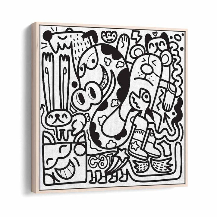 Doodle B&w Doodle Art Artwork in Oak Wood Floater Frame