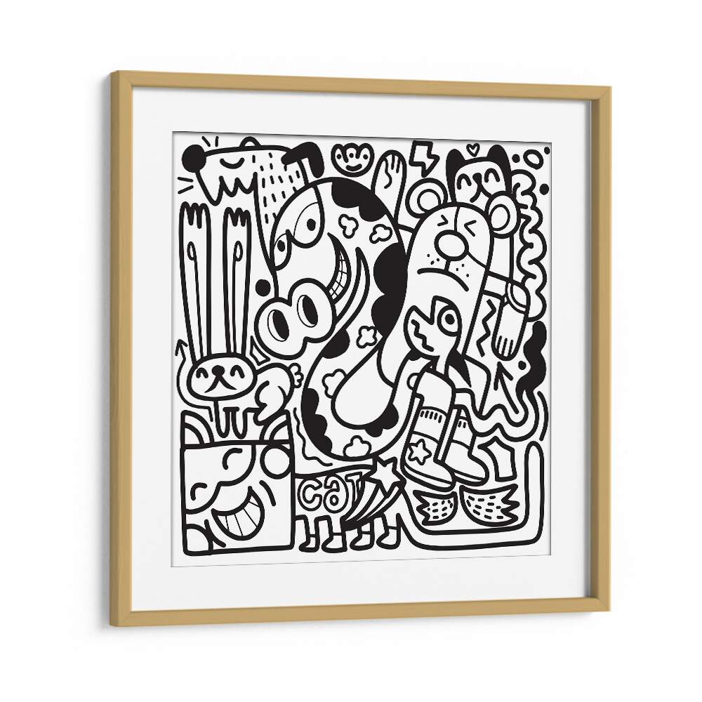 Doodle B&w Doodle Art Artwork in Oak Wood Frame With Mount