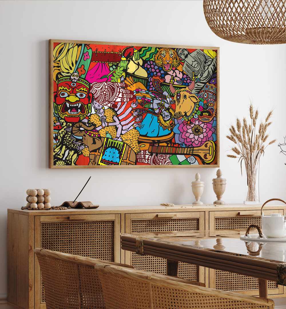 Doodle India Comic Art Artwork in Oak Wood Plain Frame Placed on a White Wall Above a Wooden Console Table  Near the Dinning Table In the Dinning Area