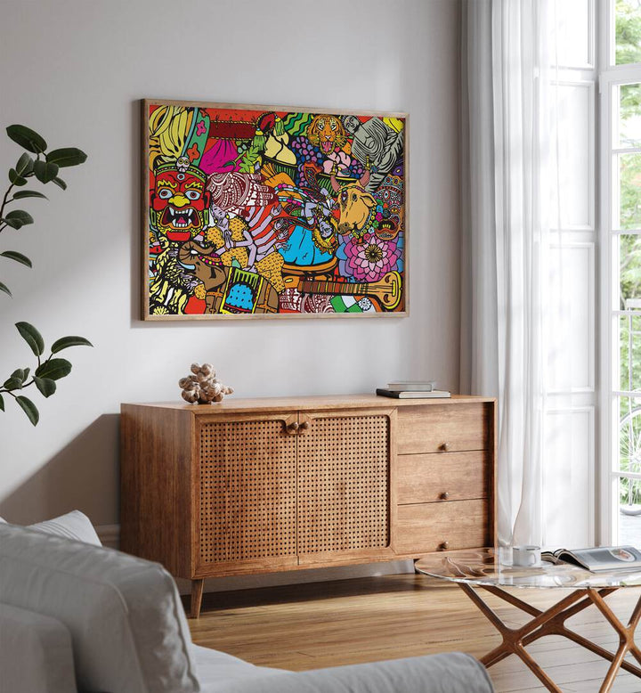 Doodle India Comic Art Artwork in Oak Wood Plain Frame Placed on a White Wall Above a Console Table in the Living Room