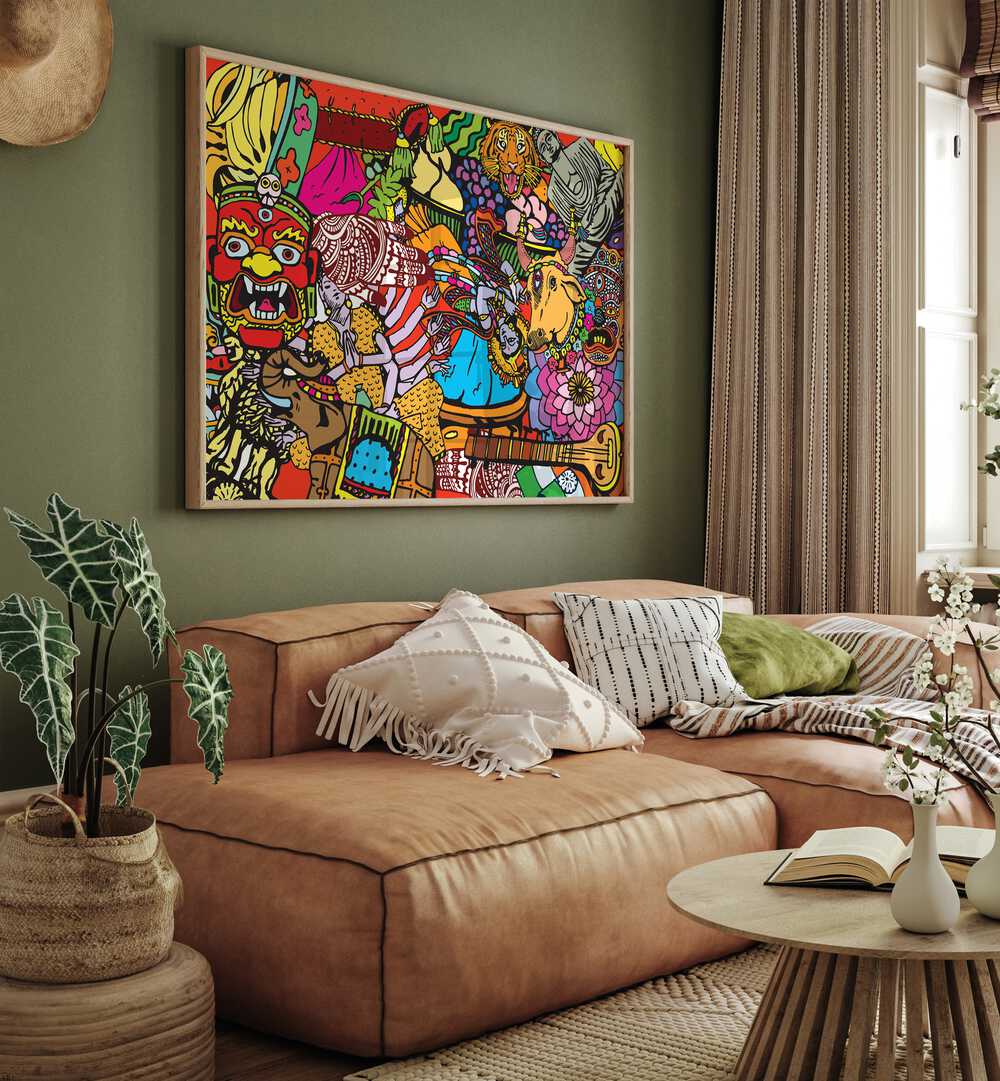 Doodle India Comic Art Artwork in Oak Wood Plain Frame Placed on a Green Wall Behind a Light Brown Couch in a Bohemian Style Living Room