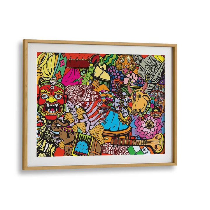 Doodle India Comic Art Artwork in Oak Wood Frame With Mount