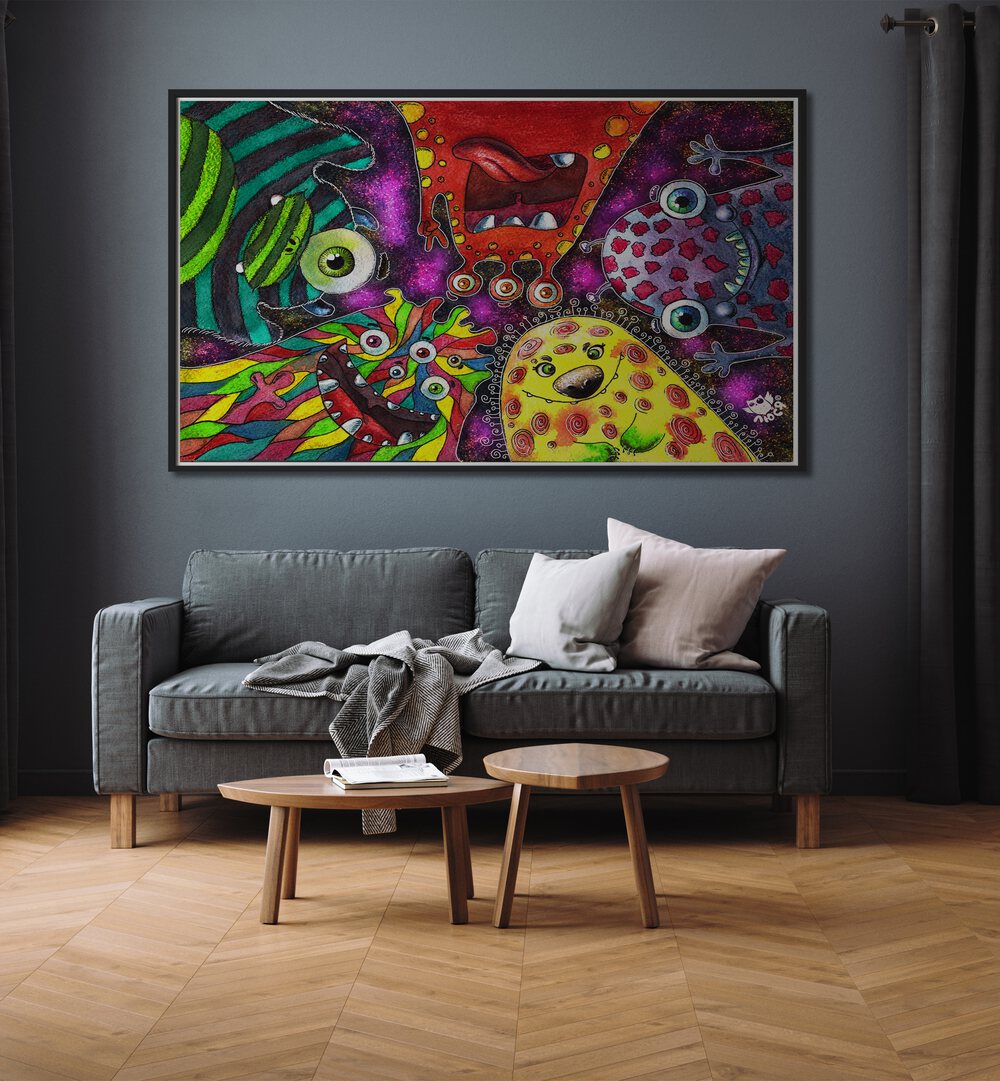 Doodle Monsters Comic Art Artwork in Black Plain Frame Placed on a Dark Grey Wall Behind a Grey Couch in the Living room