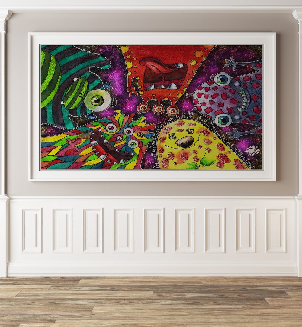 Doodle Monsters Comic Art Artwork in White Frame With Mount Placed on a Beige Colored Wall in the Drawing Room