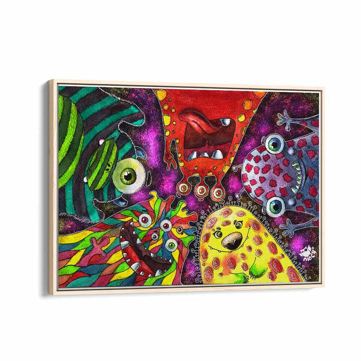 Doodle Monsters Comic Art Artwork in Oak Wood Floater Frame