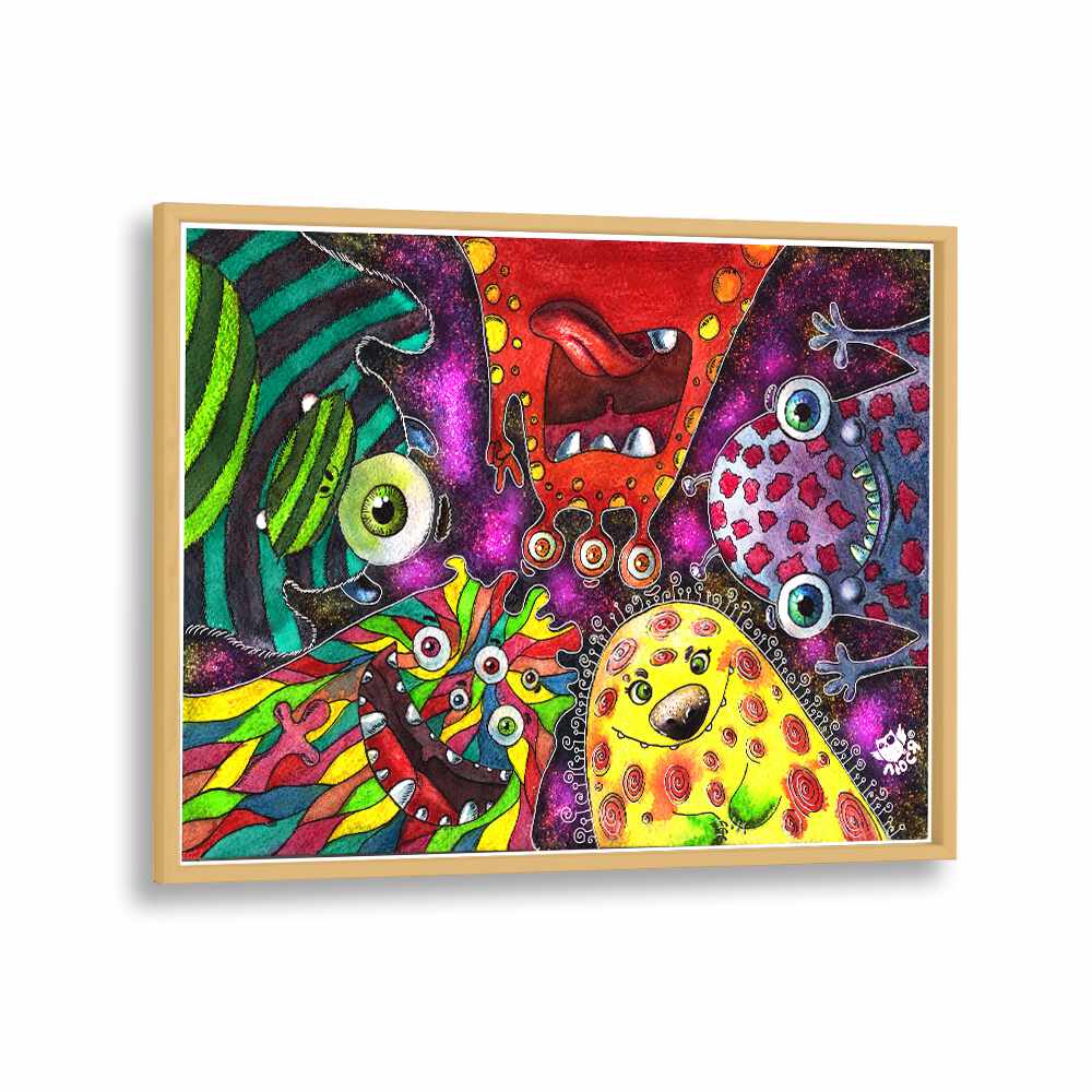 Doodle Monsters Comic Art Artwork in Oak Wood Plain Frame