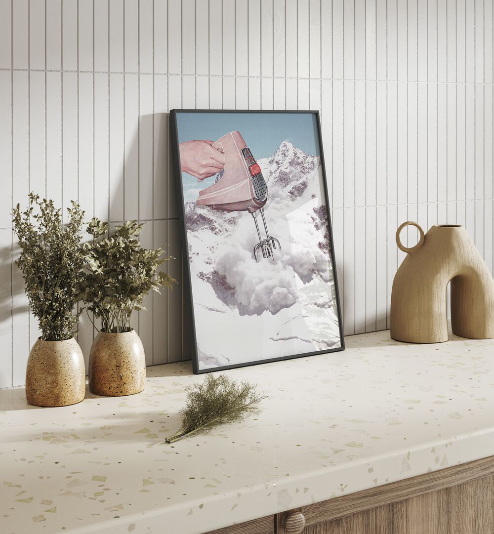 Doris Whisker Surreal Art Painting Artwork in plain black frame on a kitchen counter for kitchen area