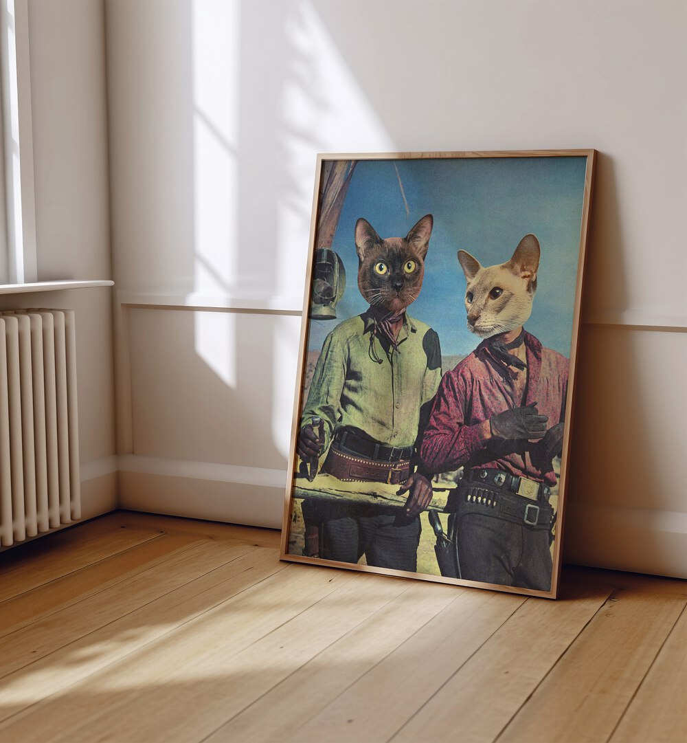 Double Trouble Surreal Art Painting Artwork in plain oakwood frame on a wooden floor beside a window